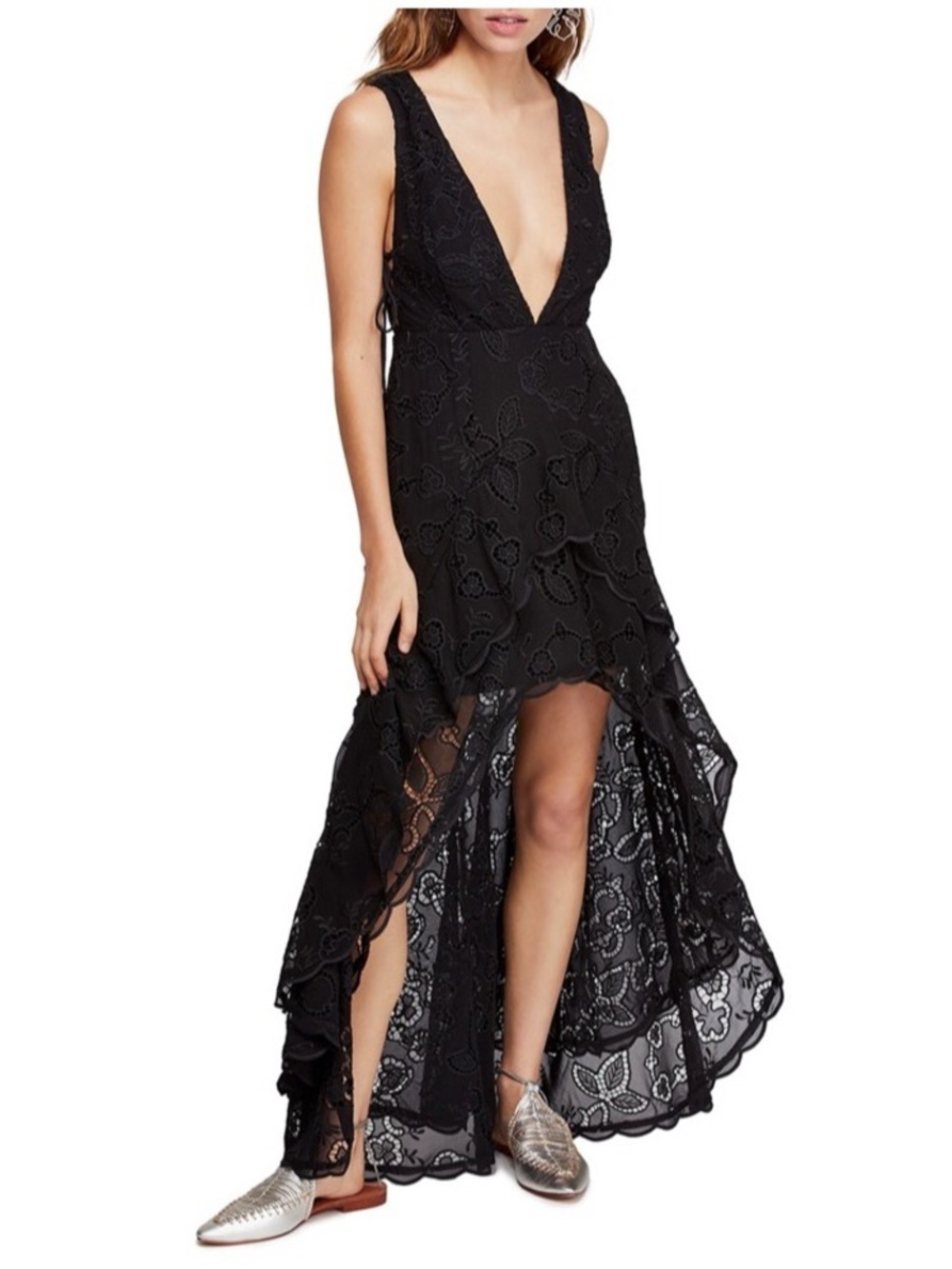 Free People Black Lace High-Low Plunge Dress